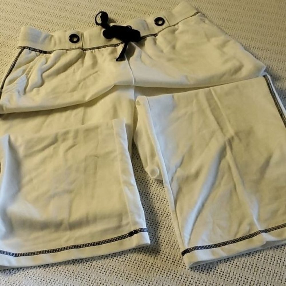 Vintage Cotton Embellished Cinched White Accented Blue Seams Pocketed Sz M Pants